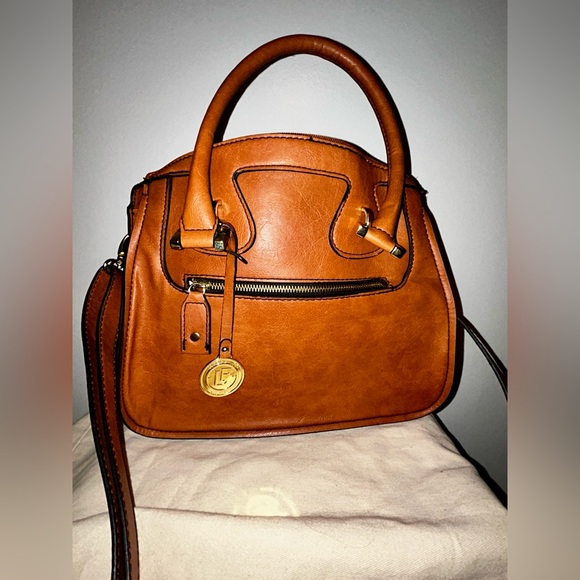 London Fog Handbags - London Fog Tan Leather Tote with Gold Accents and crossbody strap.